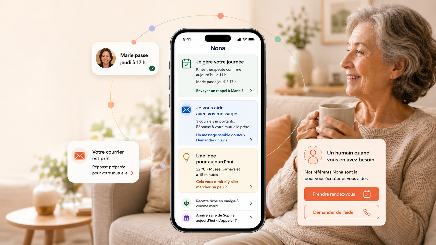 Une personne accompagnée par Nona, son application et un référent humain
